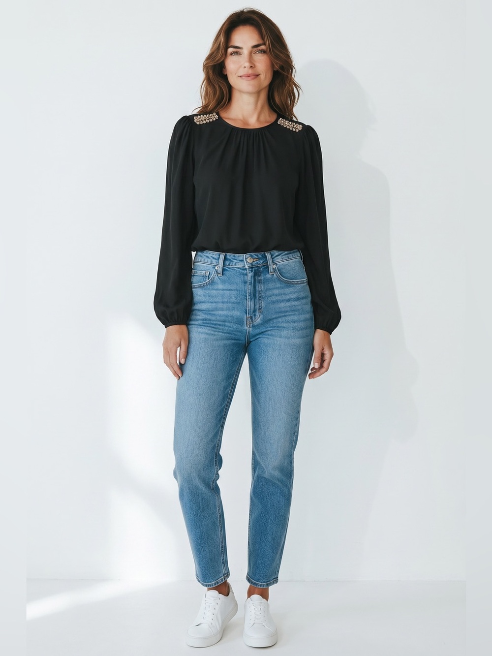 Zara Woman Long Sleeve Beaded Shoulder Blouse // Black // Medium
